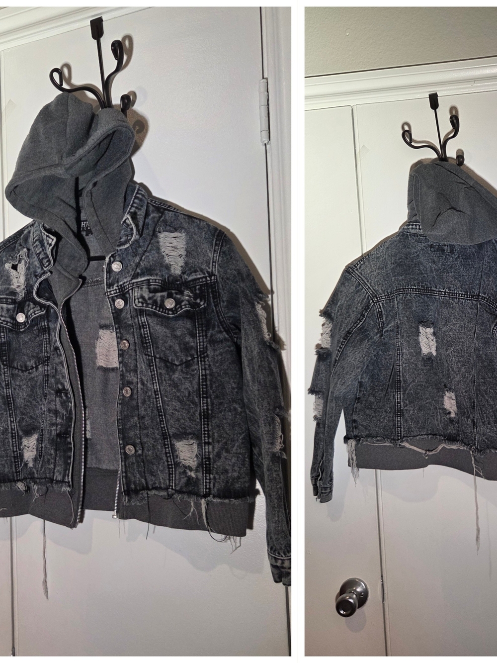 Distressed Black Denim Jean Jacket with Hoodie Layer